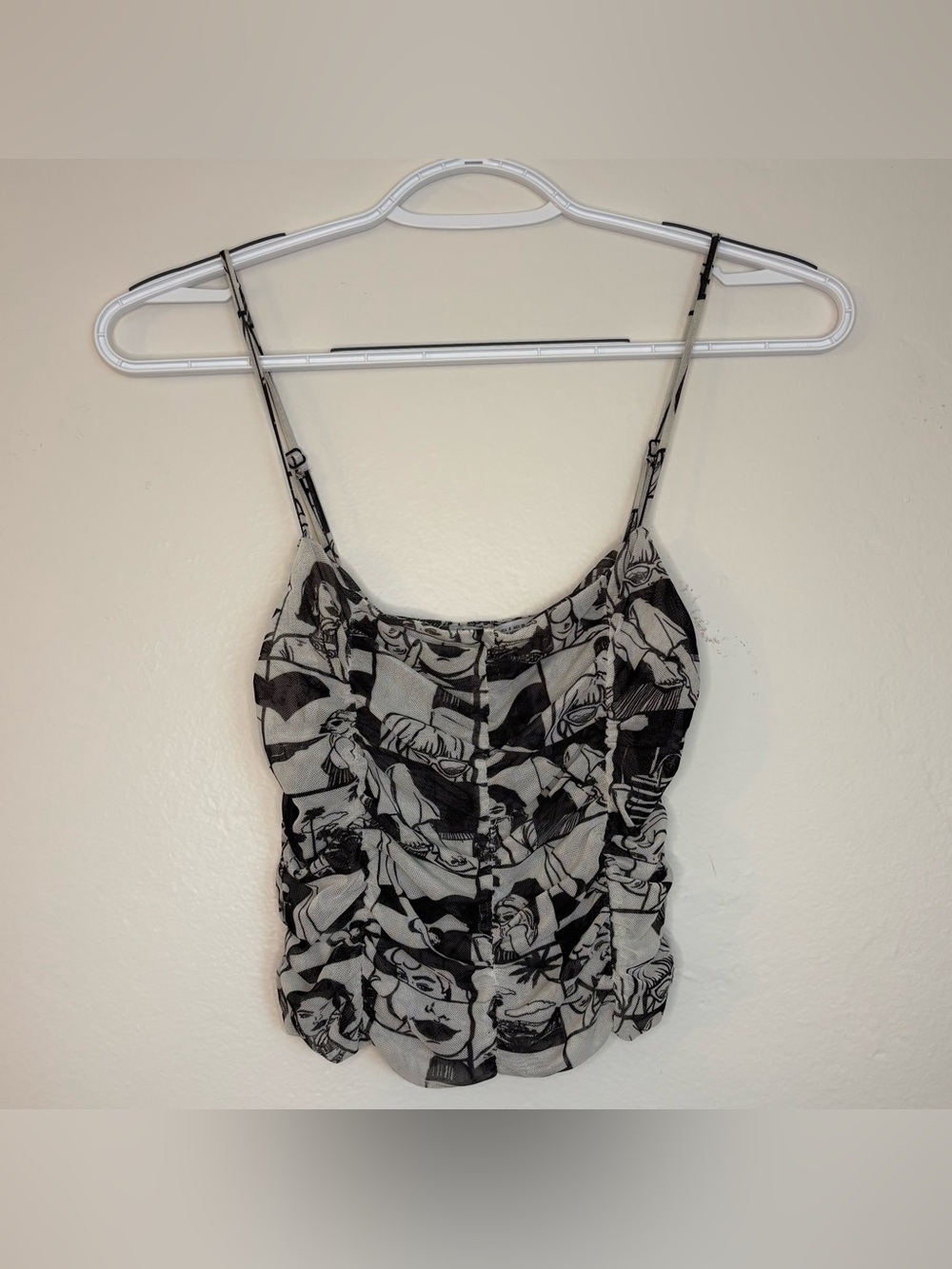 Zara Comic Print Tulle Mesh Crop Cami, Black & White/Gray, Barbiecore Pop Art, S